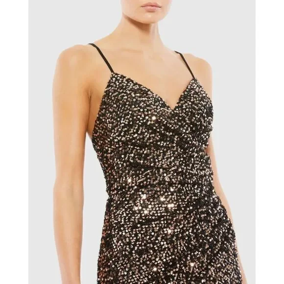 Ieena Mac Duggal Bronze Black Sequin Gathered Waist Gown Size 4 $398 - Picture 3 of 7